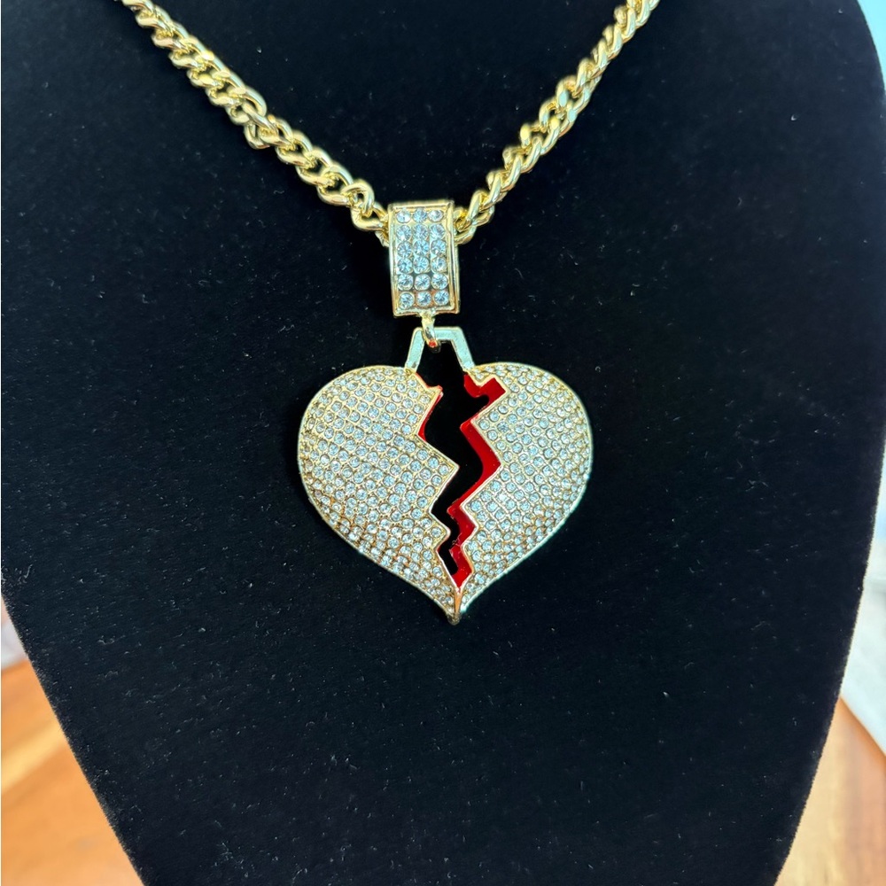 Gold-tone Pave Broken Heart Pendant Necklace with Red Accent